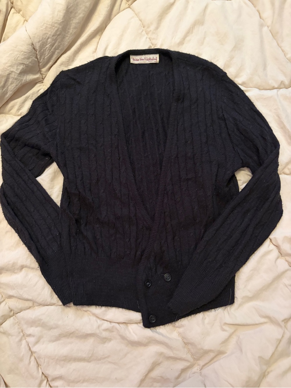 Diane Von Furstenberg Navy Cable-Knit Button Cardigan
